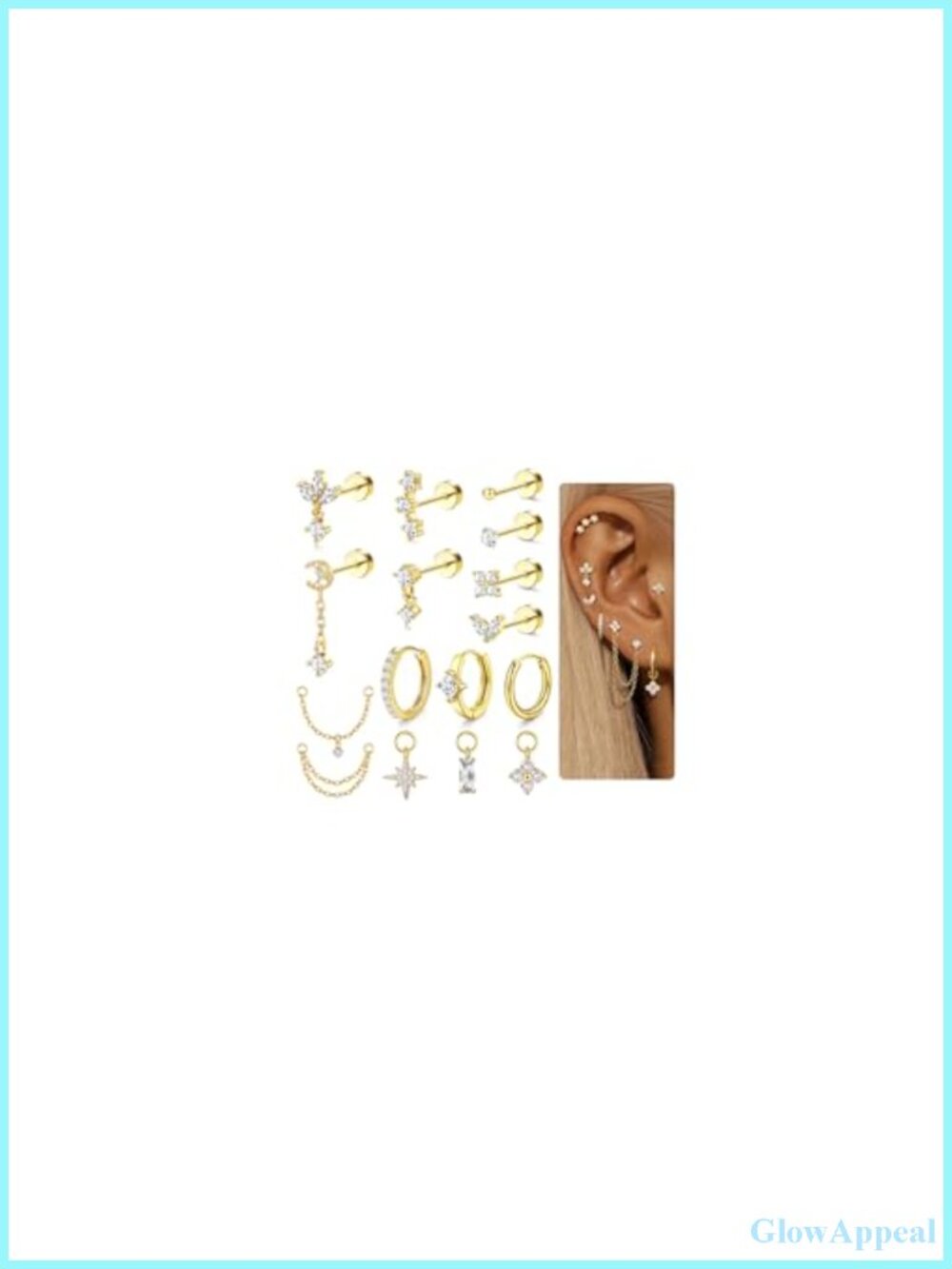 16PC Surgical Steel Gold Cartilage Earring Set Helix Tragus Conch Earrings